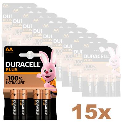15x Duracell Plus AA Mignon 1,5V Alkaline Batterien MN1500 LR06 4er Blister