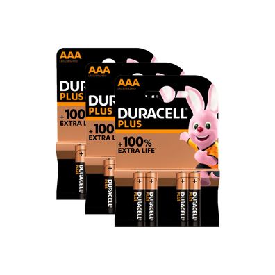 3x Duracell Plus AAA Micro Batterien LR03 1,5V Alkali Mangandioxid 4er Blister