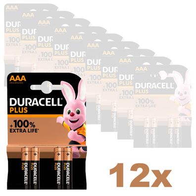 12x Duracell Plus AAA Micro Batterien LR03 1,5V Alkali Mangandioxid 4er Blister