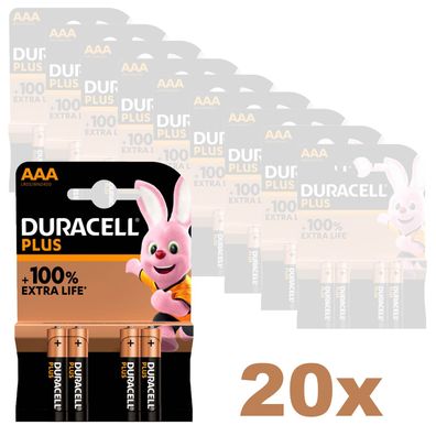 20x Duracell Plus AAA Micro Batterien LR03 1,5V Alkali Mangandioxid 4er Blister