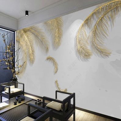 Vlies Fototapete Gold Feder Relief Luxus Modern Wohnzimmer Wandbild 10606