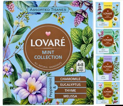 32x1,3g LOVARE Tisanes Minztee Sortiment Mint Tee Teebeutel 4 verschiedene Sorte
