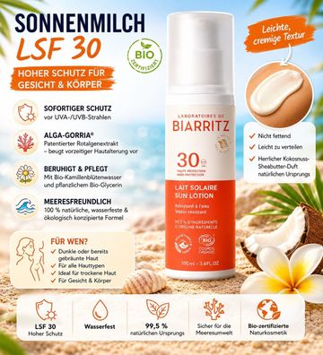 Laboratoires de Biarritz Sonnenmilch LSF 30 Bio 100 ml Gesicht & Körper