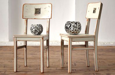 Set 2x Stuhl Shabby Grau-Weiß Antik Alt Vintage Massivholz Landhaus Mid Century 50er