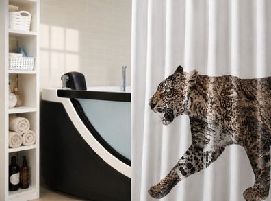 Leopard Duschvorhang 180x200 Textil Beige Schwarz Tiermotiv Wasserabweisend
