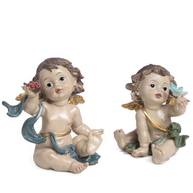 Engel Figuren 2er Set aus Polyresin - sitzende Dekoengel mit Rose & Schmetterling - g