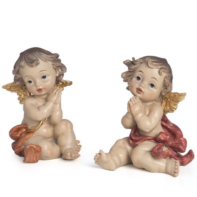 2er Set Engel Figuren betend - sitzende Deko-Engel mit goldenen Flügeln aus Polyresin