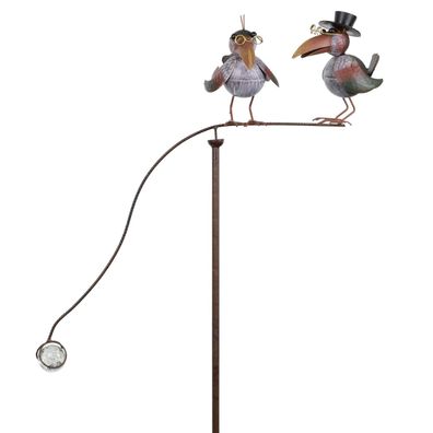Gartenstecker Metall Vogelpaar mit Brille und Zylinder auf Ast mit Glaskugel - lustig