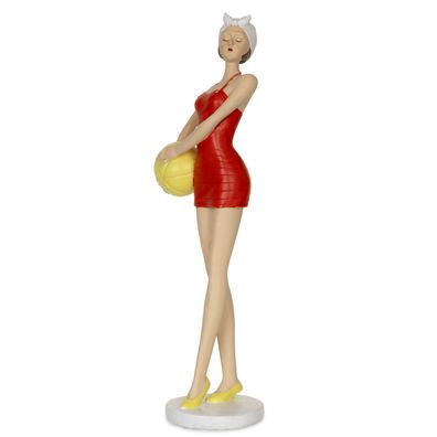 Dekofigur Badedame rot 32,5 cm mit Ball - Maritime Retro Bademoden-Figur aus Polyresi