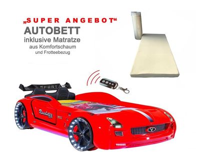Autobett mit Matratze Roadster SPORT rot, Licht, Sound, Fernbedienung, Polsterung