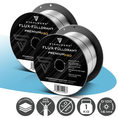 Stahlwerk Fülldraht 2er Set FLUX E71T-GS 1,0 mm 1 kg Drahtrolle D100 MIG MAG