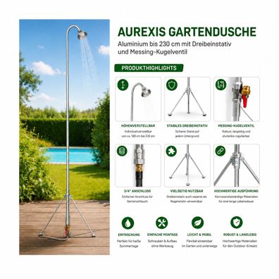 Aurexis Gartendusche Aluminium bis 230 cm mit Dreibeinstativ Teleskop