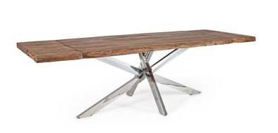 Esstisch Sanaskar aus Akazienholz, modern ausziehbar, Natur, Edelstahlgestell, für 8?