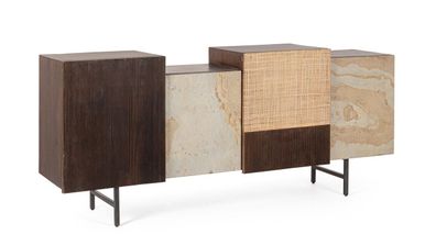 Sideboard Kibiki aus Mangoholz, Retro Chic Design, braun, Naturstein und Rattan, 180