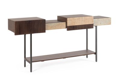 Konsole Kibina aus Mangoholz, Retro Chic Design, braun, mit Schubladen und Naturstein