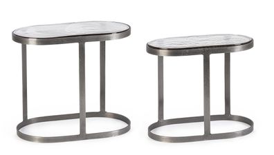 Beistelltisch Lazyla 2er-Set aus Metall, modern oval mit Glasplatte, silber, handgefe