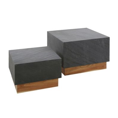 Couchtisch 2er-Set Schieferplatte, modern mit Akazienholz-Sockel, quadratisch, grau,