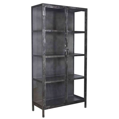 Vitrine Cheol geschliffenes Metall, Industrial Design, Dunkelgrau mit 2 Glastüren, 90