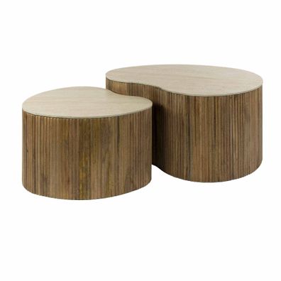 Couchtisch 2er-Set Tratin - Mangoholz, Keramik, sandfarbig, Nierenform