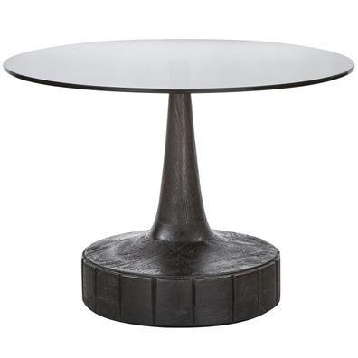 Couchtisch Soya aus Mangoholz und Glas, Retro Chic, Schwarz, rundes Design, Ø 60 cm