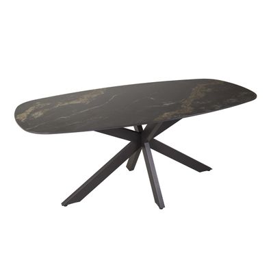 Esstisch Oval Keramik, modernes Naturstein-Design, dunkelgrau-gold marmoriert, 180 x