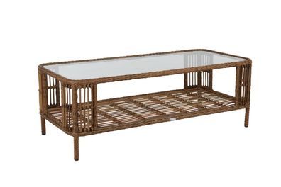 Gartencouchtisch Anemon, aus Kunst-Rattan mit Glasplatte, Boho Stil, natur, 140 cm