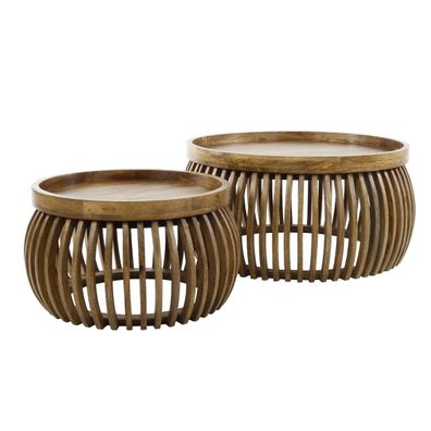 Couchtisch 2er-Set Mangoholz massiv, modernes Lamellen Design, rund in Braun, montier