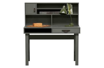 Schreibtisch Stage aus Kiefernholz, modern, FSC-zertifiziert, grün lackiert, mit Lede