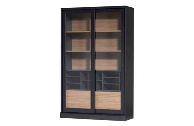 Vitrine aus Kiefernholz, modern mit Schiebetüren, schwarz und walnussfarben, Glasfron