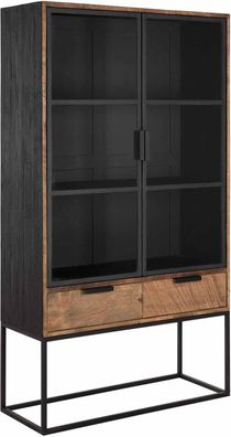 Vitrine Cosmo aus Teakholz, Industrial Design mit Metall, natur schwarz, 2 Schubladen