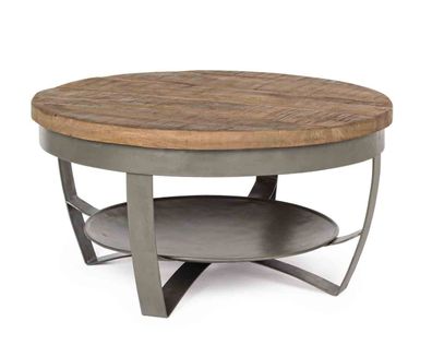 Couchtisch Viknar aus Mangoholz, rundes Industrial Design, natur, Metallgestell grau,