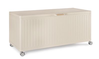 Gartentruhe Necon aus Aluminium, modern, seidenbeige, mit Gaskolben und Rollen, Outdo