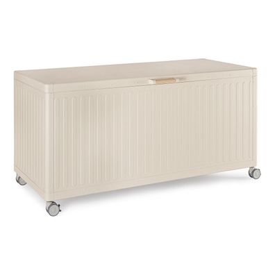 Gartentruhe Necon - Aluminium Seidenbeige, mit Gaskolben und Rollen, Größe S
