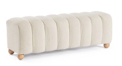 Bank Oroza Boucle, modern gepolstert, Weiß, 120 cm, Kautschukholz-Gestell, 2-3 Sitzpl