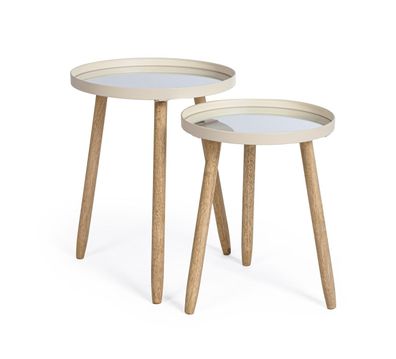 Beistelltisch Darvi 2er-Set Glasplatte, modernes Design, Elfenbein, rund, Kautschukho
