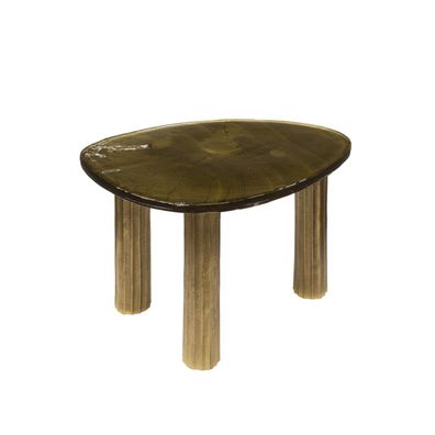 Couchtisch Klidun Glas und Aluminium, modern organisch, Antikgold, gewellte Glasplatt