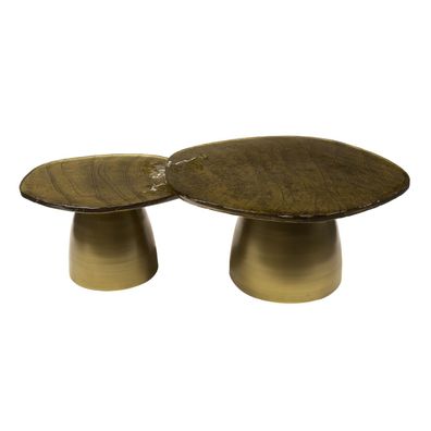 Couchtisch Set Klidun Cone aus Glas und Metall, modern, Antikgold, gewellte Glasplatt