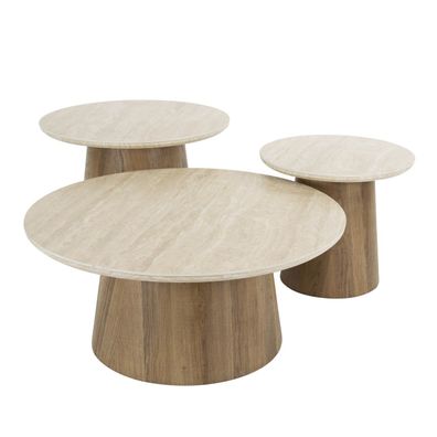 Couchtisch 3er-Set Joradis, Keramik in Travertin-Optik, modern rund, beige, nachhalti