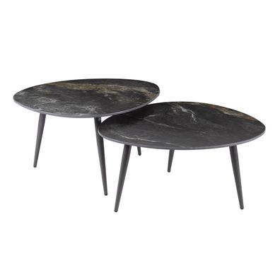 Couchtisch Set Cerami Fossil aus schwarzer Keramik, modern dreieckig, Marmor-Optik, 2