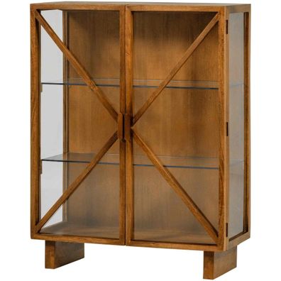 Vitrine Mangoholz modern, 2-türig mit Glastüren und Ablagefächern, natur, 100 x 44 x
