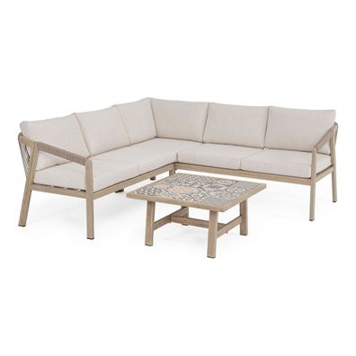 Gartenecksofa Aremilak - Aluminium Timber Natur, Olefin Beige, inkl. Couchtisch