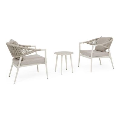 2er Garten-Set Lormil - Aluminium & Polyester-Stoff, Cremeweiß, inkl. Couchtisch
