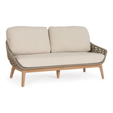 2-Sitzer Gartensofa Seram - Teakholz Natur, Seilgeflecht Taupe, inkl. Kissen
