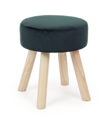 Hocker Enilda Samt-Optik, klassisch gepolstert, grün dunkelgrün, rundes Kiefernholz-G