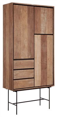 Vitrine Schrank Metropole High, Teakholz massiv, modern, Natur, Gestell Schwarz, 3 Tü