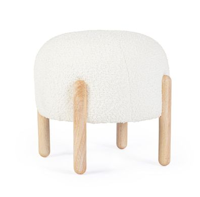 Hocker Layida Boucle-Stoff, modern skandinavisch, weiß, rundes Design, Kautschukholz
