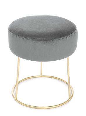 Hocker Assira in Samt-Optik, modern gepolstert, rund, Grau mit goldfarbenem Metallfuß