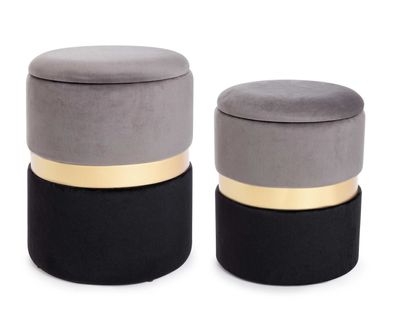 Pouf Anilopa 2er-Set Samt, modern mit Stauraum, rund, Grau Schwarz, abnehmbarer Decke