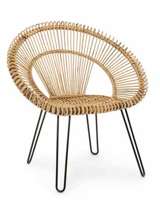 Sessel Nabesta aus Rattan, Boho Stil, naturfarben, mit schwarzem Metallgestell, Indoo
