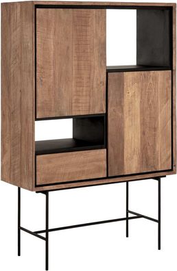 Bücherschrank Metropole Low aus Teakholz, modern massiv, natur, mit Klapptüren und Sc